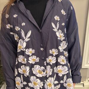 Floral Embroidered Women's Blouse - Navy